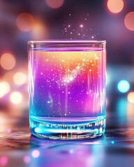 A magical potion drink with swirling neon colors, fairy dust floating inside