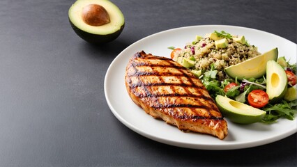 Delicious and Healthy Plate: Grilled Chicken Breast, Quinoa Salad, Fresh Avocado, and Cherry Tomatoes on a Minimalist Dark Gray Background.
