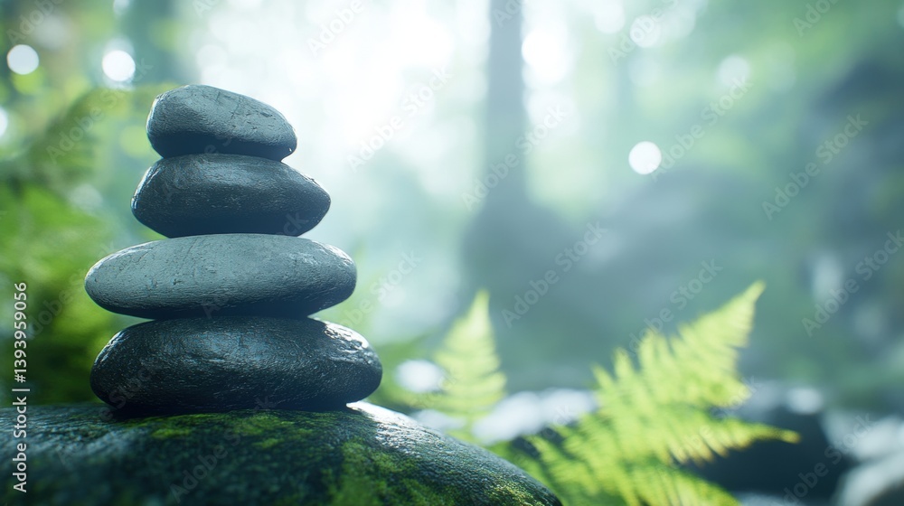Poster smooth, stacked stones create a symbol of harmony, surrounded by lush greenery and soft morning ligh