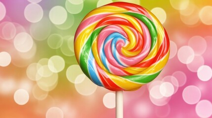 A swirl rainbow lollipop, glossy candy texture, bright and happy background
