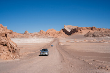 Driving through the lunar landscape of the Atacama desert in northern Chile