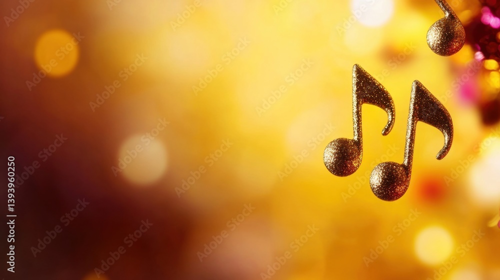 Poster brightly colored musical notes dangle in front of a shimmering golden backdrop, adding a cheerful to