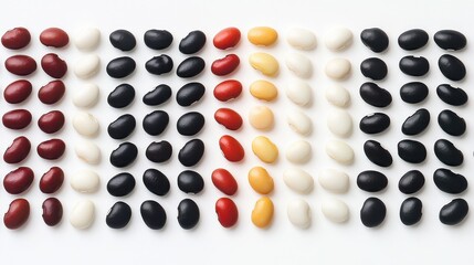 Colorful Assortment of Various Beans Arranged in a Pattern on a White Background