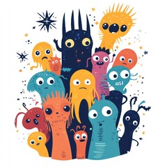 Naklejka premium Colorful monster illustration, crowd of cartoon creatures, space background, playful design