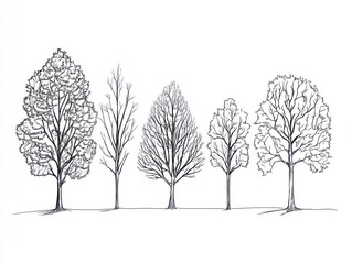 Fototapeta premium Five bare trees winter line drawing, nature illustration, landscape design