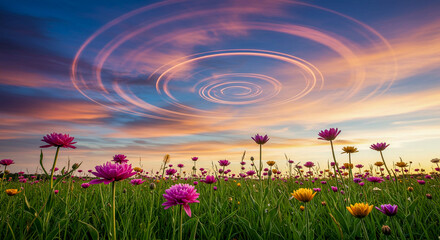 Fototapeta premium Flower field under a swirling sky at sunset.