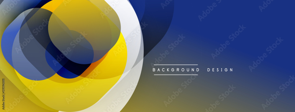 Poster abstract design features overlapping circles, vibrant yellow, blue hues. gradient background transit