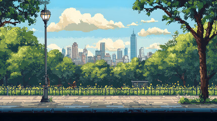 Fototapeta premium Pixel Art Cityscape View From Green Park With Tall Buildings Under Blue Sky During Day Time