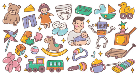 Cute Baby Toys Doodle Set – Hand Drawn Vector of Baby Playtime Items and Accessories