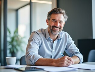 Economic growth fueled by trade and globalization concept. Smiling man writing notes at a desk with a coffee cup and plant in a modern office setting.