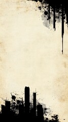 Silhouetted Cityscape Dark blots define city's skyline against textured beige background