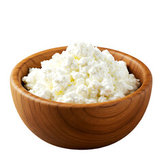 Fresh Cottage Cheese in Wooden Bowl on Transparent Background

