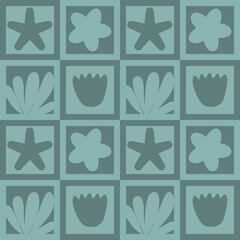 Seamless pattern of blue flowers and butterflies with nature elements like leaves, water drops, and stars, perfect for eco-friendly design