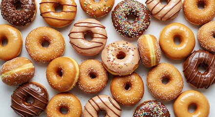 Mixed glazed donuts spread across surface, top-down view