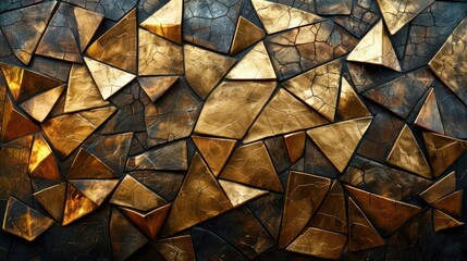 A textured abstract design featuring triangular metallic shapes in gold and dark tones.