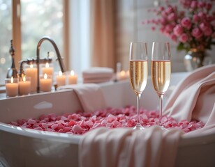 A cozy and romantic indoor setting with two glasses of champagne, candles, and a flower arrangement, ideal for celebration themes.
