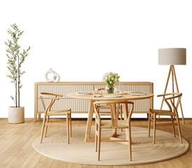 Free PNG wallpaper mockup in Interior Dining Room, Elegant Dining Room with Wooden Furniture and Natural Light., 3D rendering