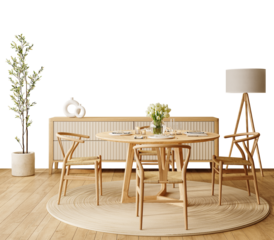 Free PNG wallpaper mockup in Interior Dining Room, Elegant Dining Room with Wooden Furniture and Natural Light., 3D rendering
