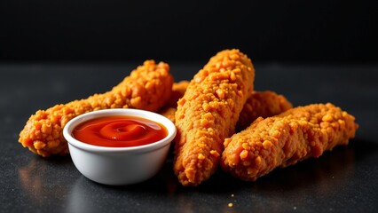 Crispy Fried Chicken Strips Served with Bowl of Tomato Sauce on Dark Background