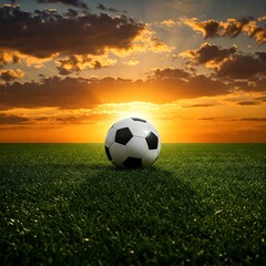 A soccer ball resting on dewy grass, with a soft pastel sunset in the background 