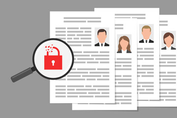 Files with personal data, and magnifier with icon of broken padlock
