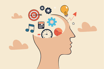 Learn new skills, knowledge or ability to work achieve success, new idea, training or study new skills, upskill or smart thinking, human head brain with skills symbol, creativity, time management.