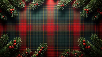 A festive arrangement featuring a red and green plaid background with pine branches and berries.