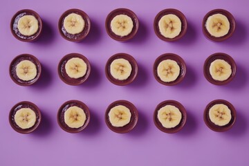 Small bowls of food topped with banana slices arranged neatly