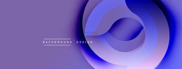 Abstract background features layered circles, gradient purple hues. Modern design evokes depth, fluidity, visual interest. Minimal text present.