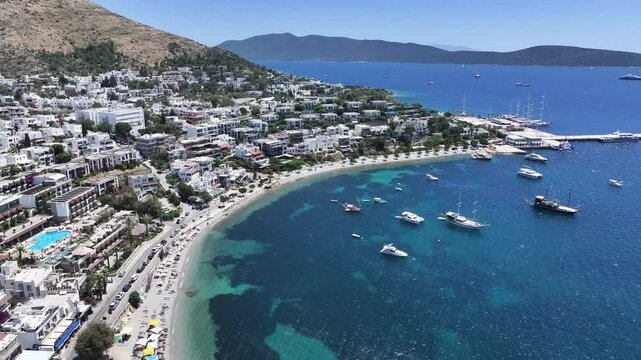 Bodrum Castle and City Streets in the Summer Season Drone Video, Bodrum Mugla, Turkiye (Turkey)


