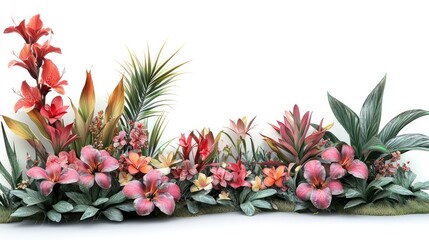 Fototapeta premium Tropical flowers arrangement, studio, white background, website design