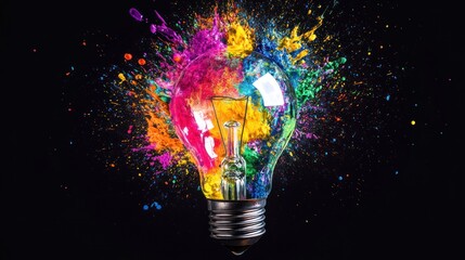 Colorful paint exploding from lightbulb, dark background, idea concept, marketing