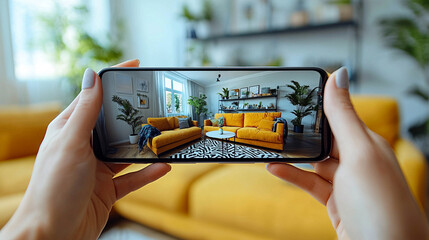 Woman uses phone to view virtual living room tour