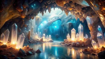 Exploration of a cave with glittering crystals and ancient ruins