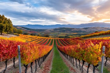 Fototapeta premium Colorful vineyard in autumn illuminating a scenic valley at sunset
