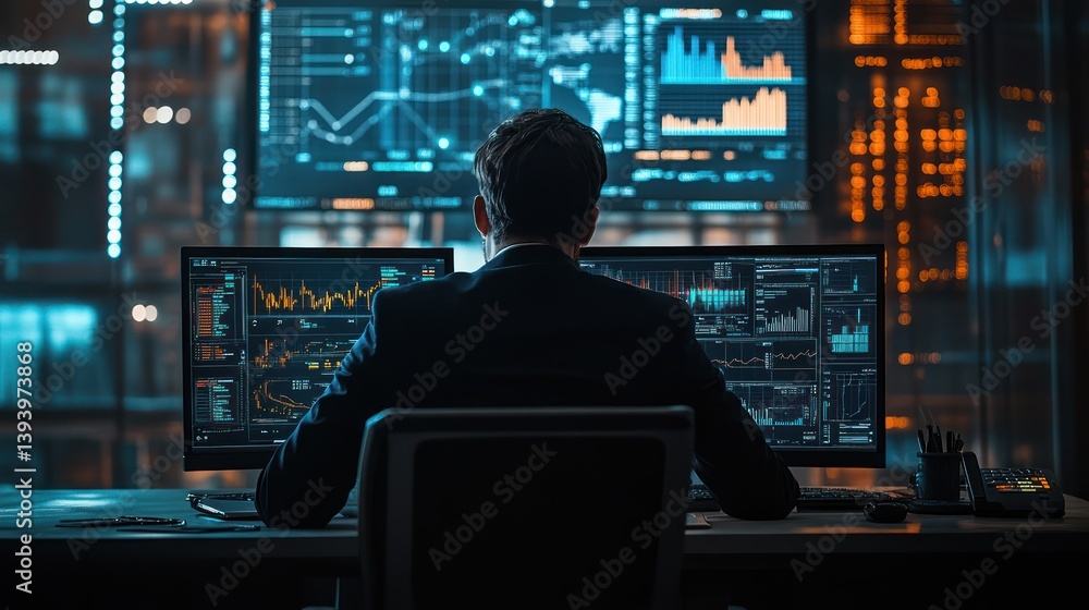 Poster trader analyzing market data at night in a control center