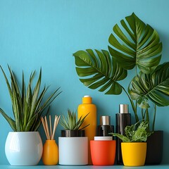 Colorful Potted Plants on Vintage Shelf