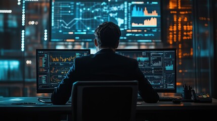 Naklejka premium Trader analyzing market data at night in a control center