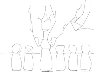 vector pencil scribbles hand businessman is MINIATURE OF WOODEN MAN TO BECOME A PROSPECTIVE EMPLOYEE