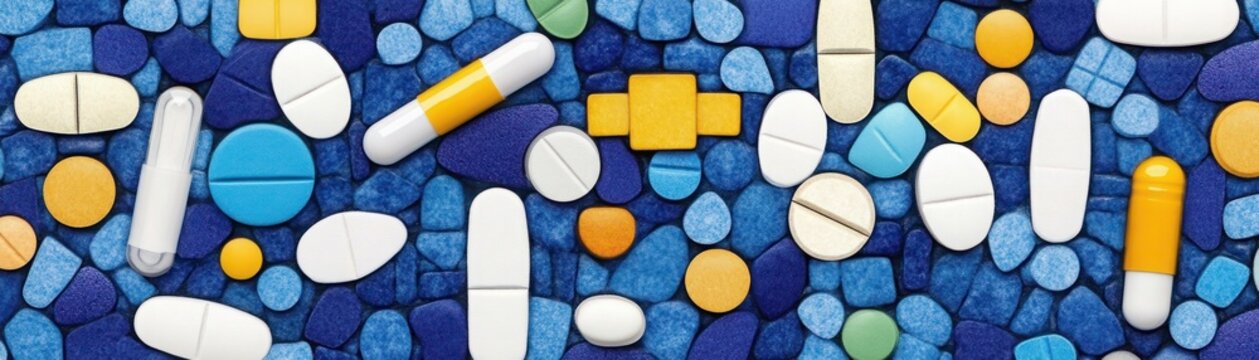 Colorful assortment of pills and capsules scattered on a blue background, showcasing various shapes and sizes for health and wellness concepts