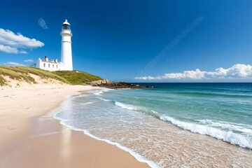 White lighthouse standing on idyllic sandy beach with ocean waves crashing