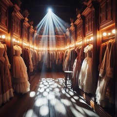 Silent Costume Rack Rows of meticulously hung costumes in antiqu