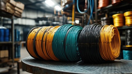 Obraz premium Industrial-grade electrical wires in different thicknesses and colors, placed on a metal table for repair work