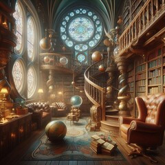 Obraz premium Fantasy library with floating bookshelves spiral staircases and
