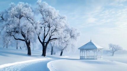Snow-covered path leading to a gazebo in a winter wonderland
