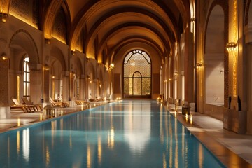 Fototapeta premium Luxurious indoor swimming pool reflecting warm light in arabic palace