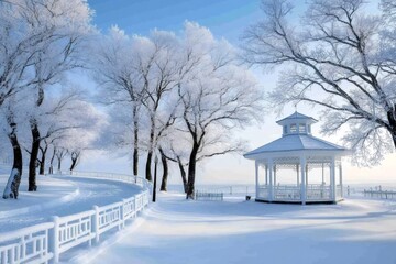Snow covered gazebo standing in a park by a frozen lake during winter