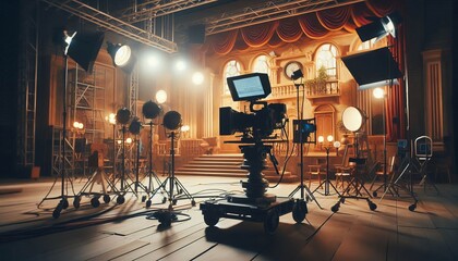 Film Set Between Takes Studio lights cameras on dollies backdrop