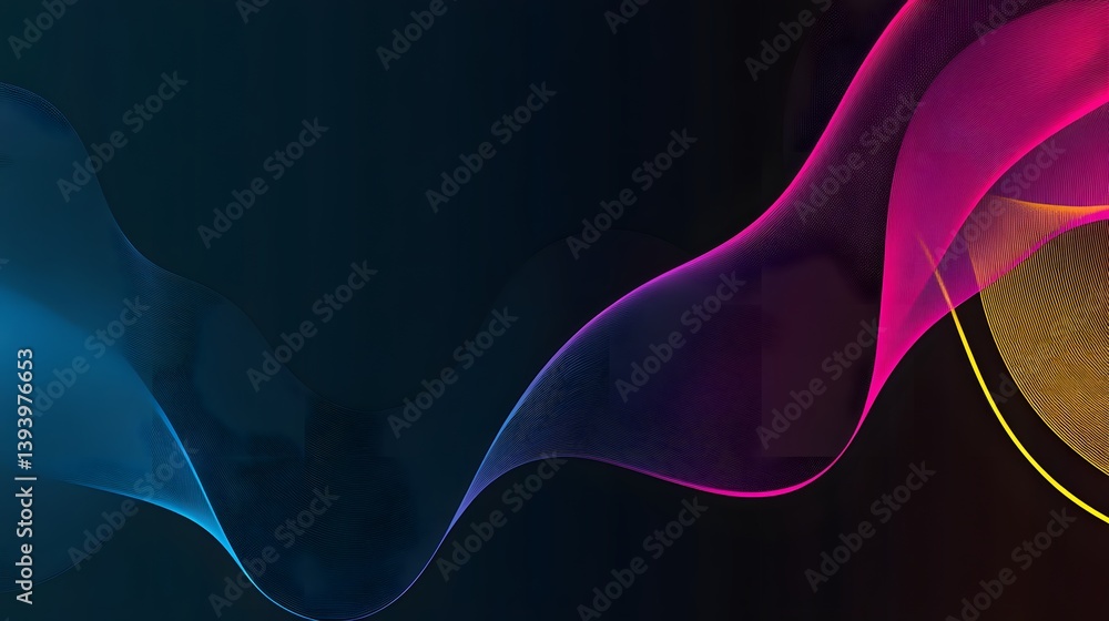 Poster abstract artwork featuring flowing colorful lines and a dark background