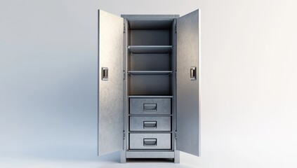 Empty metal cabinet with doors and drawers